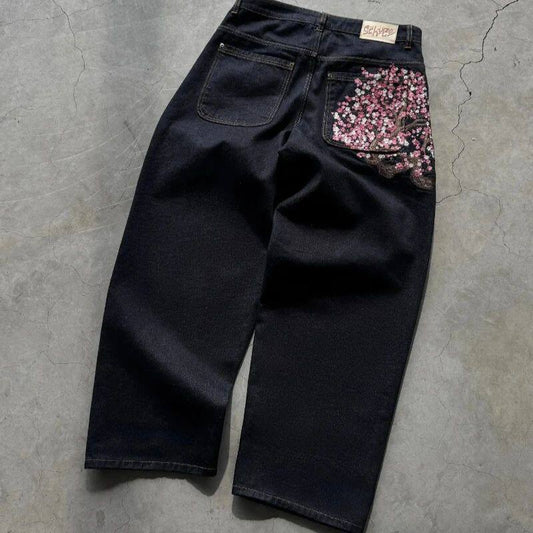 Y2K Cherry Blossom Knight Embroidered Jeans ? Street Retro Wide-Leg Denim Pants