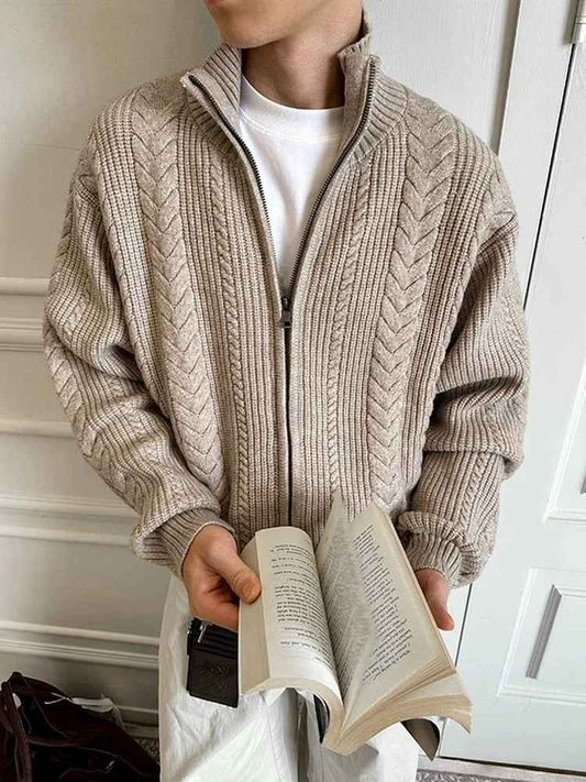 Men's Natural Zip-Up Cable-Knit Cardigan