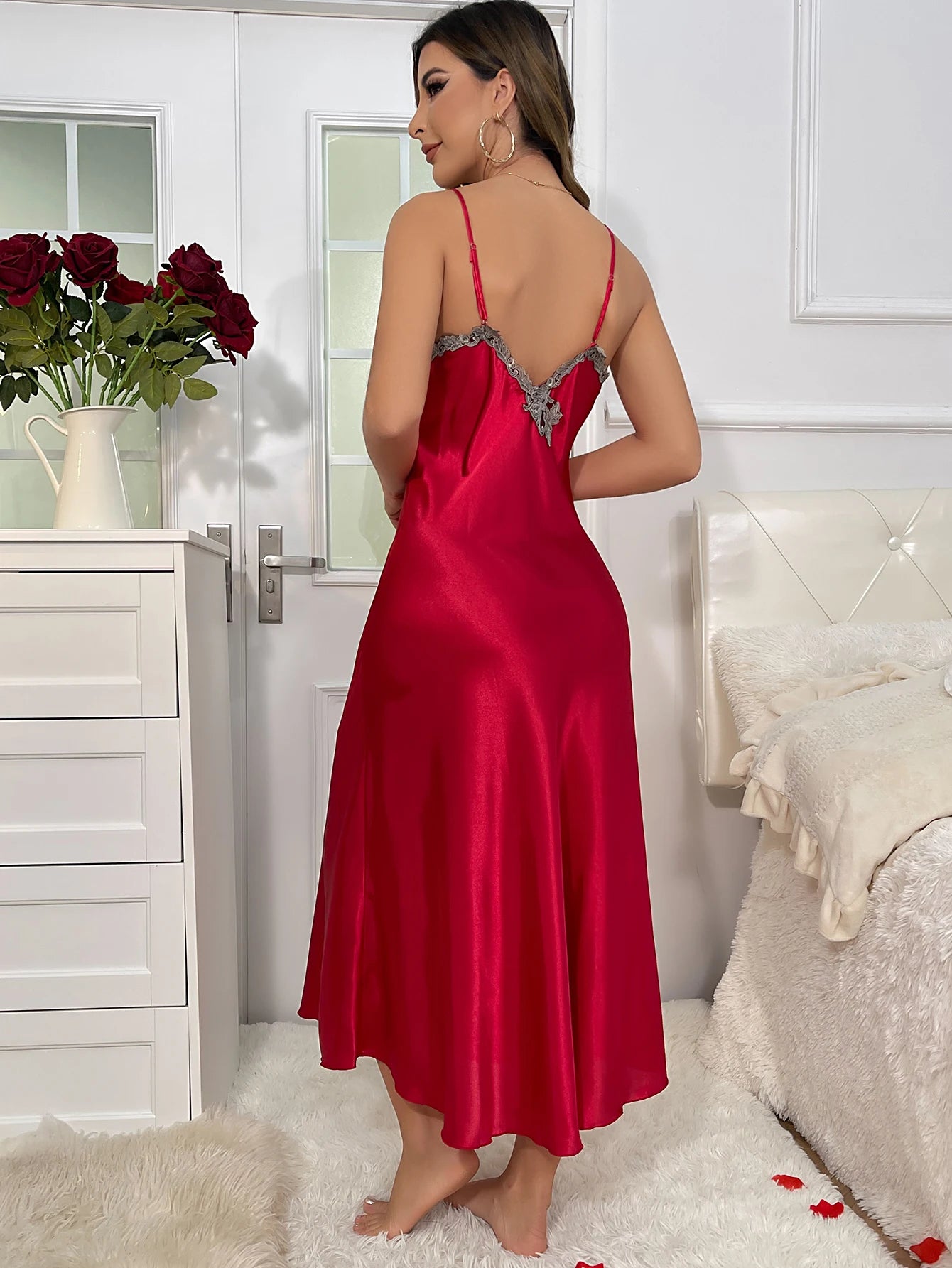 Women'S Luxury Lace Red Pajama Set 2 Piece Long Robe and Nightdress Bridal or Dating Homewear