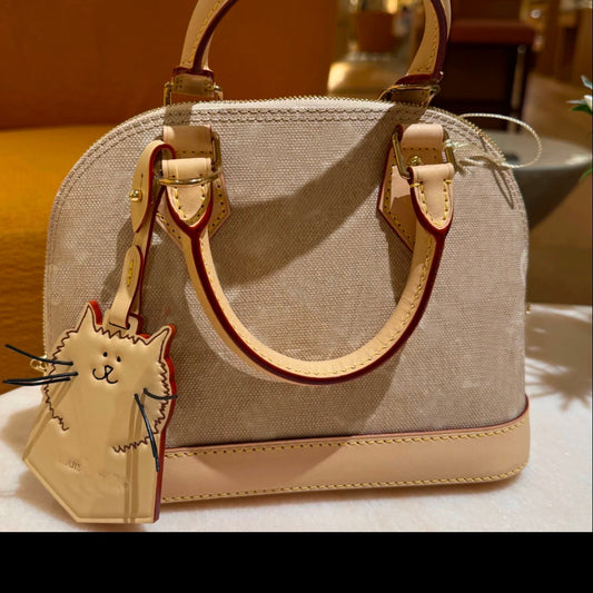 Beige Canvas Dome Satchel Bag with Cat Charm | Structured Handbag Women