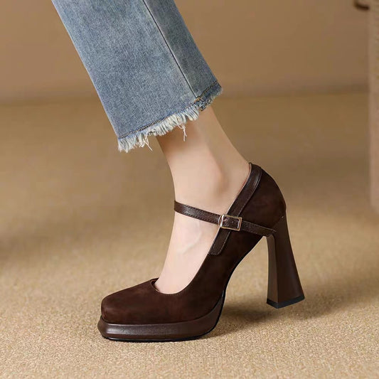 Brown Mary Jane Block Heel Pumps with Ankle Strap | Women's Heels