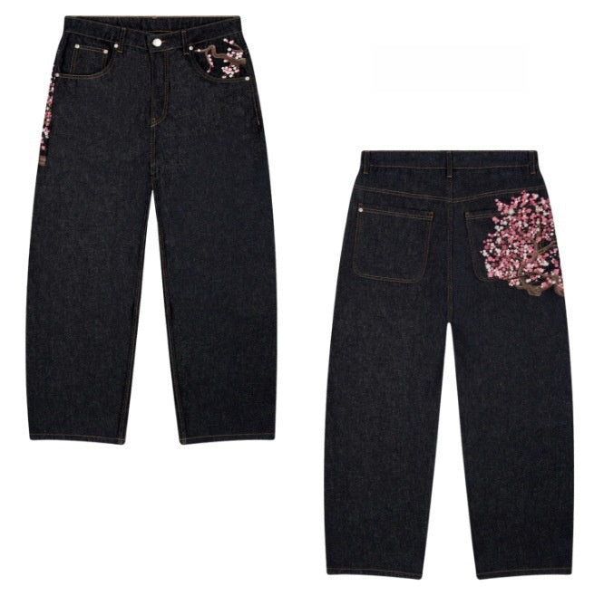 Y2K Cherry Blossom Knight Embroidered Jeans ? Street Retro Wide-Leg Denim Pants J01 Black S