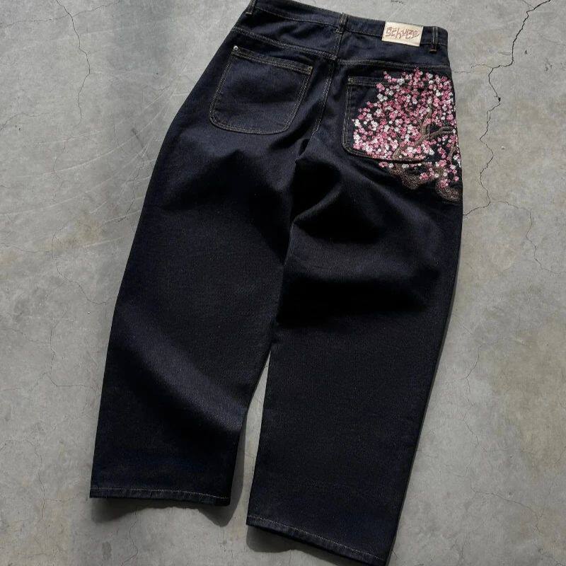 Y2K Cherry Blossom Knight Embroidered Jeans ? Street Retro Wide-Leg Denim Pants