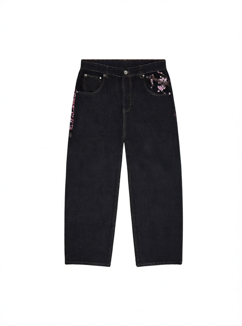 Y2K Cherry Blossom Knight Embroidered Jeans ? Street Retro Wide-Leg Denim Pants