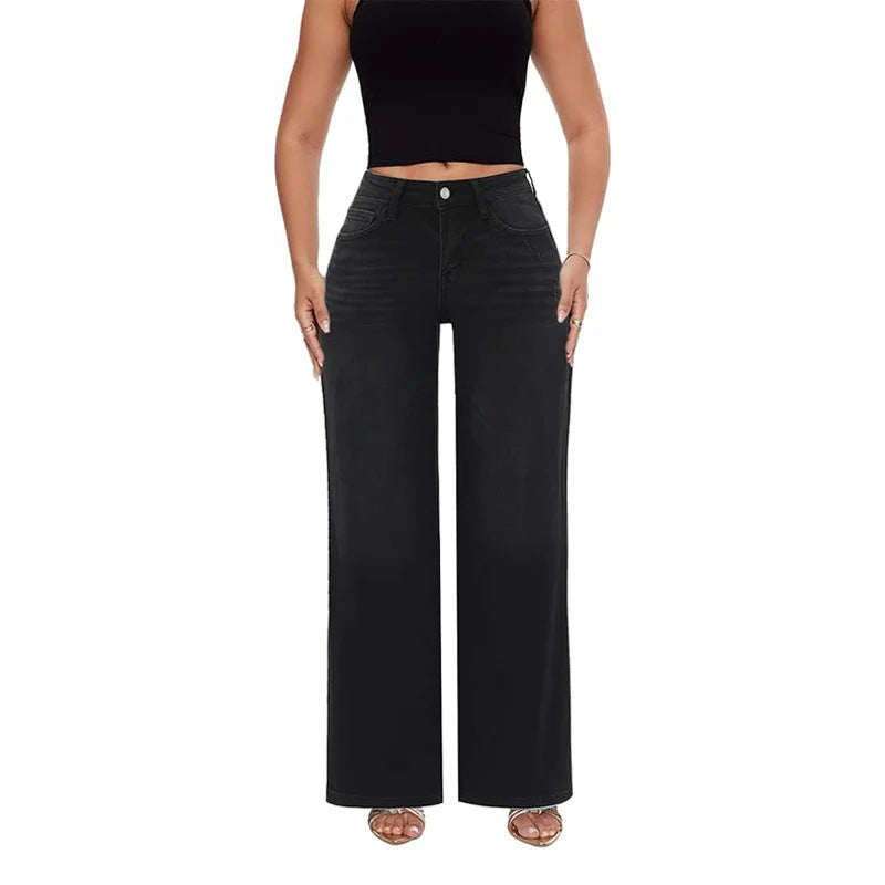 ONESO Mid-Low Rise Baggy Jeans Wide Leg for Women Distressed Pants Stretchy Bottom Lady Basic Comfortable Denim Black 22W