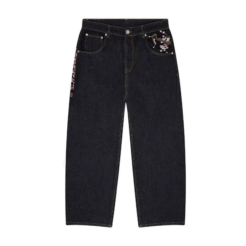 Y2K Cherry Blossom Knight Embroidered Jeans ? Street Retro Wide-Leg Denim Pants
