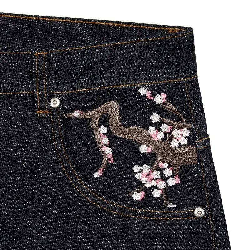 Y2K Cherry Blossom Knight Embroidered Jeans ? Street Retro Wide-Leg Denim Pants
