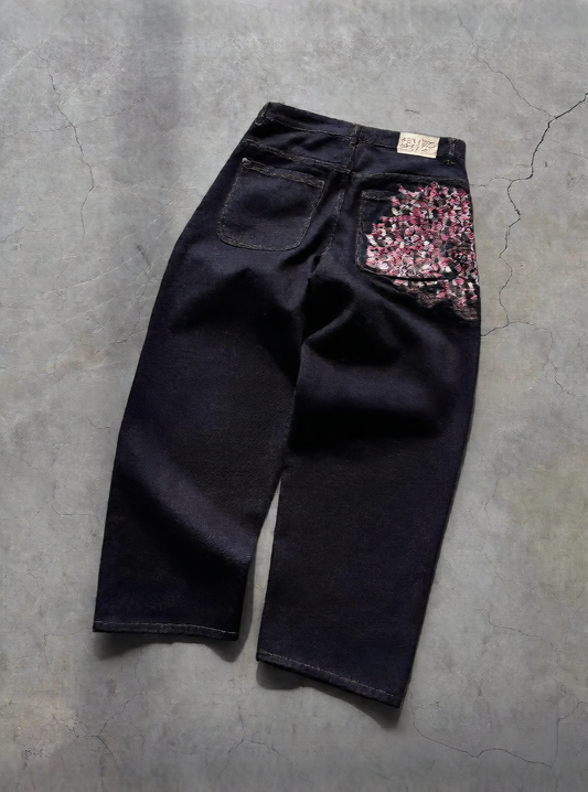 Y2K Cherry Blossom Knight Embroidered Jeans ? Street Retro Wide-Leg Denim Pants