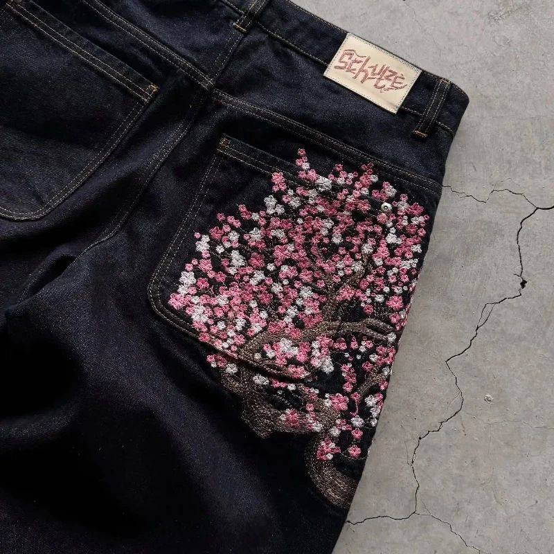 Y2K Cherry Blossom Knight Embroidered Jeans ? Street Retro Wide-Leg Denim Pants