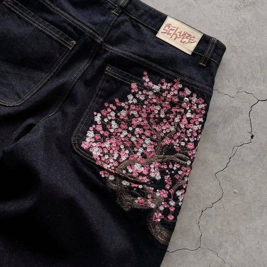 Y2K Cherry Blossom Knight Embroidered Jeans ? Street Retro Wide-Leg Denim Pants