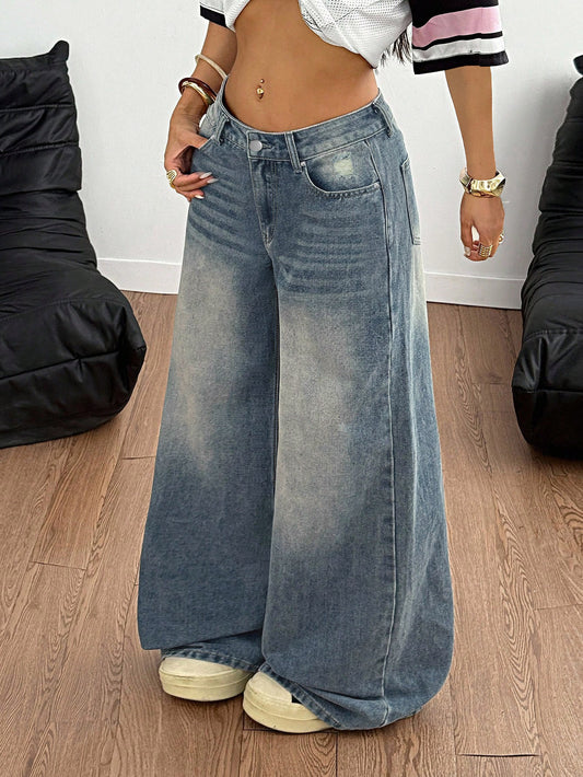 Achlibe Women's Spring Summer Denim Pants Retro Casual Wide Leg Trousers with Multi Pockets Baggy Jeans