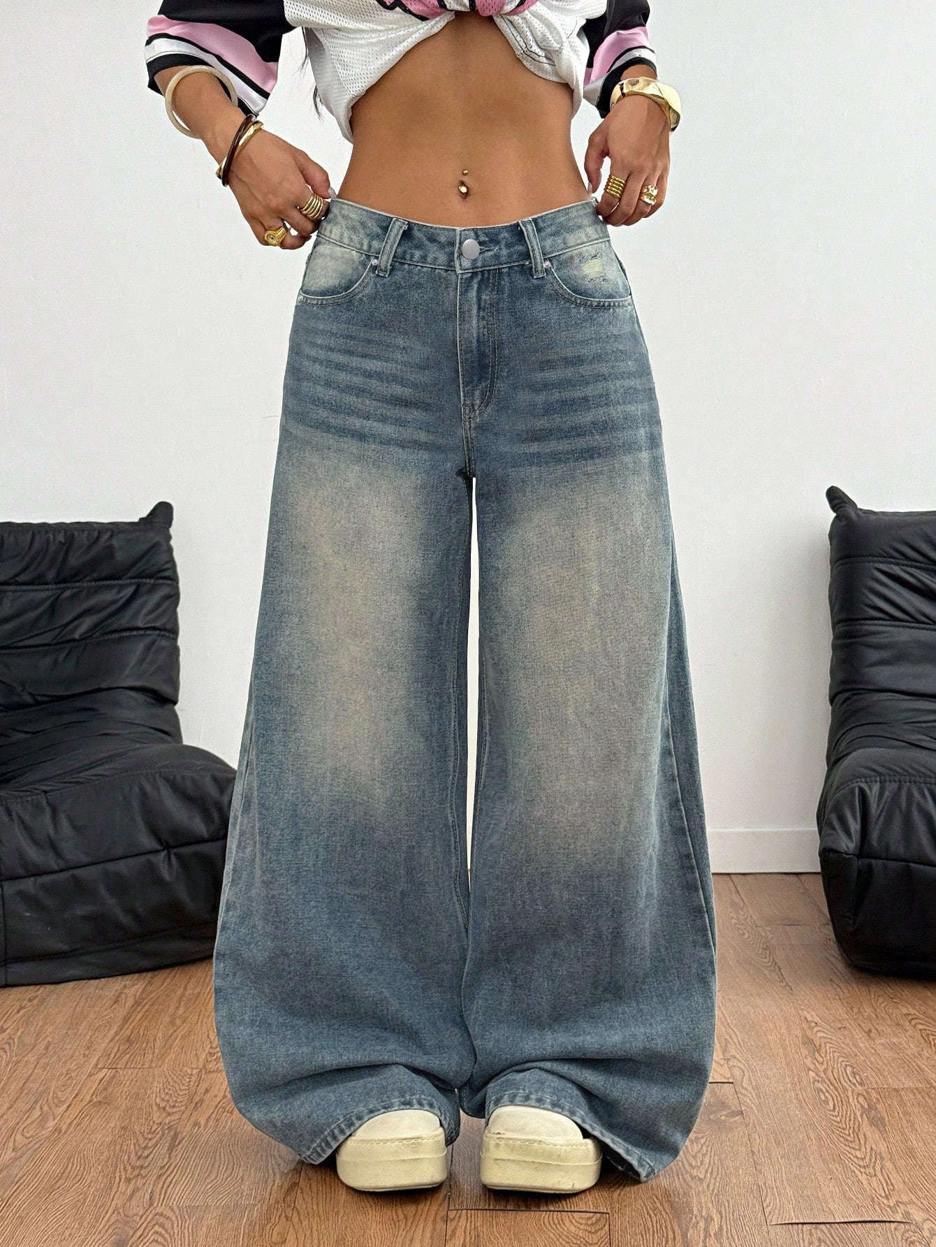 Achlibe Women's Spring Summer Denim Pants Retro Casual Wide Leg Trousers with Multi Pockets Baggy Jeans