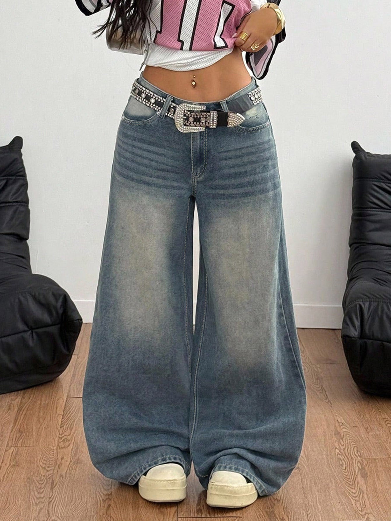 Achlibe Women's Spring Summer Denim Pants Retro Casual Wide Leg Trousers with Multi Pockets Baggy Jeans