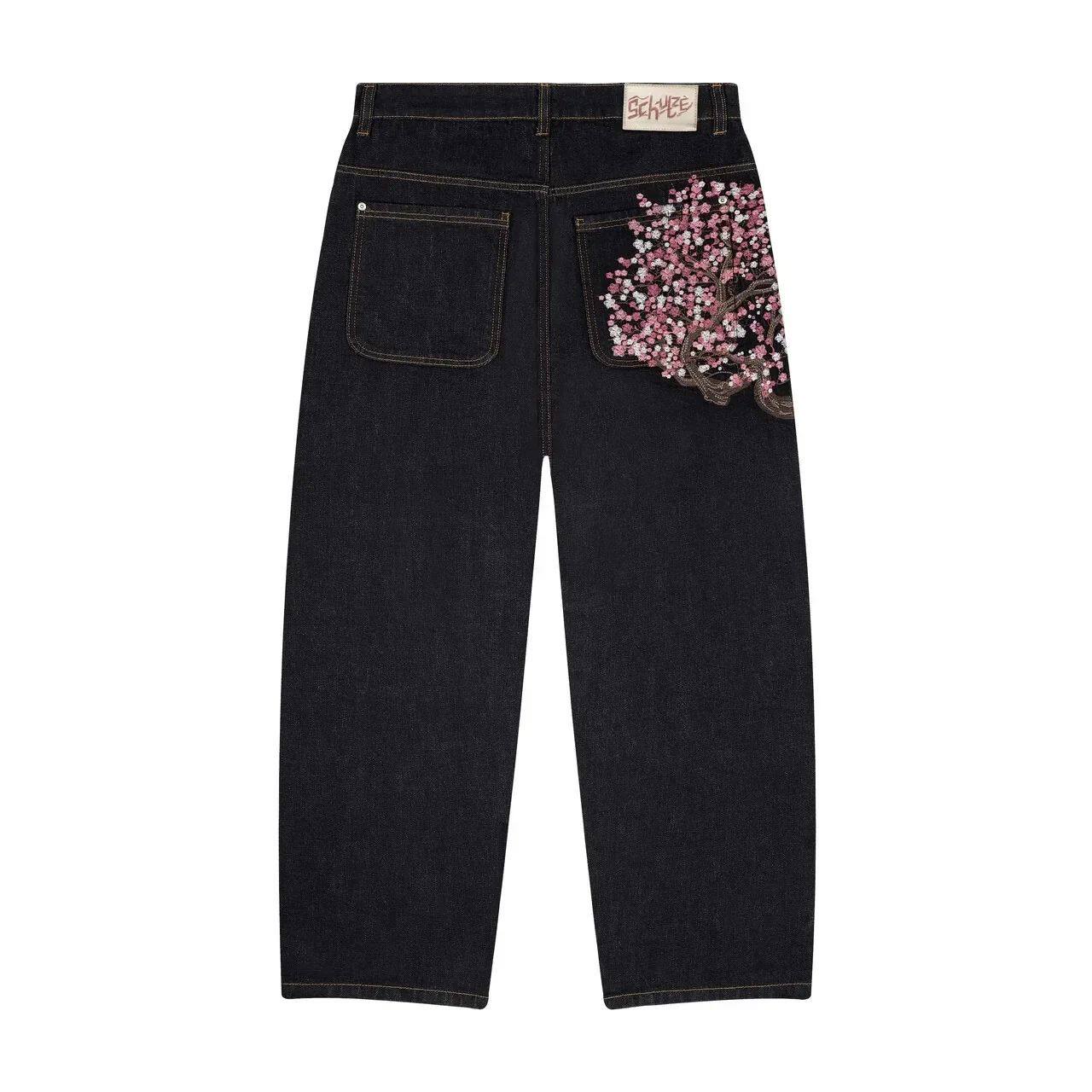 Y2K Cherry Blossom Knight Embroidered Jeans ? Street Retro Wide-Leg Denim Pants black L