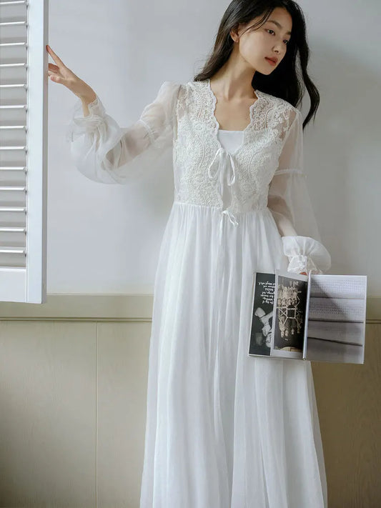 Women White Long Morning Robe Princess Two-Pieces Lace Nightgown Gauze Full Sleeve Nightdress Lining Spaghetti Strap Nightie New White