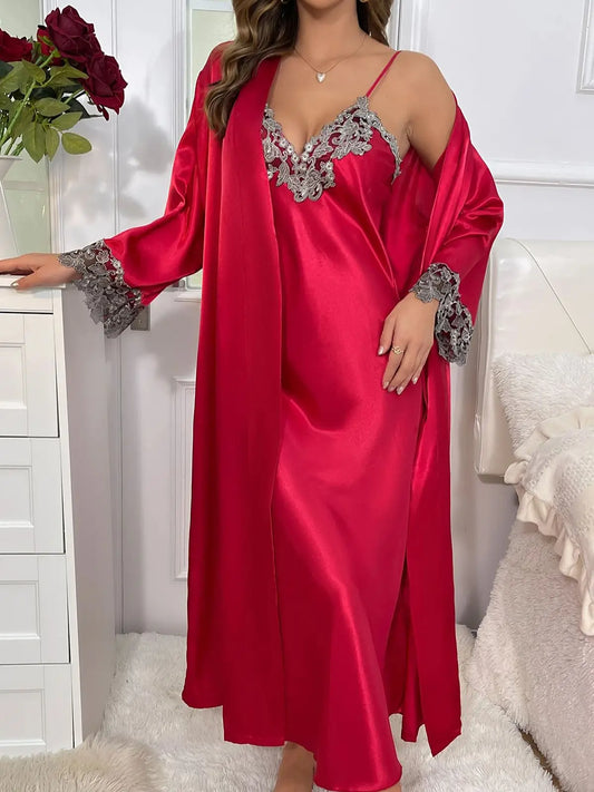 Women'S Luxury Lace Red Pajama Set 2 Piece Long Robe and Nightdress Bridal or Dating Homewear Red
