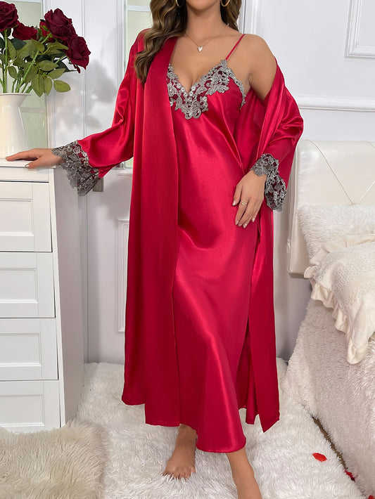 Women'S Luxury Lace Red Pajama Set 2 Piece Long Robe and Nightdress Bridal or Dating Homewear