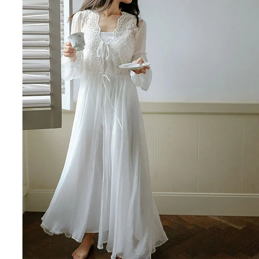 Women White Long Morning Robe Princess Two-Pieces Lace Nightgown Gauze Full Sleeve Nightdress Lining Spaghetti Strap Nightie New