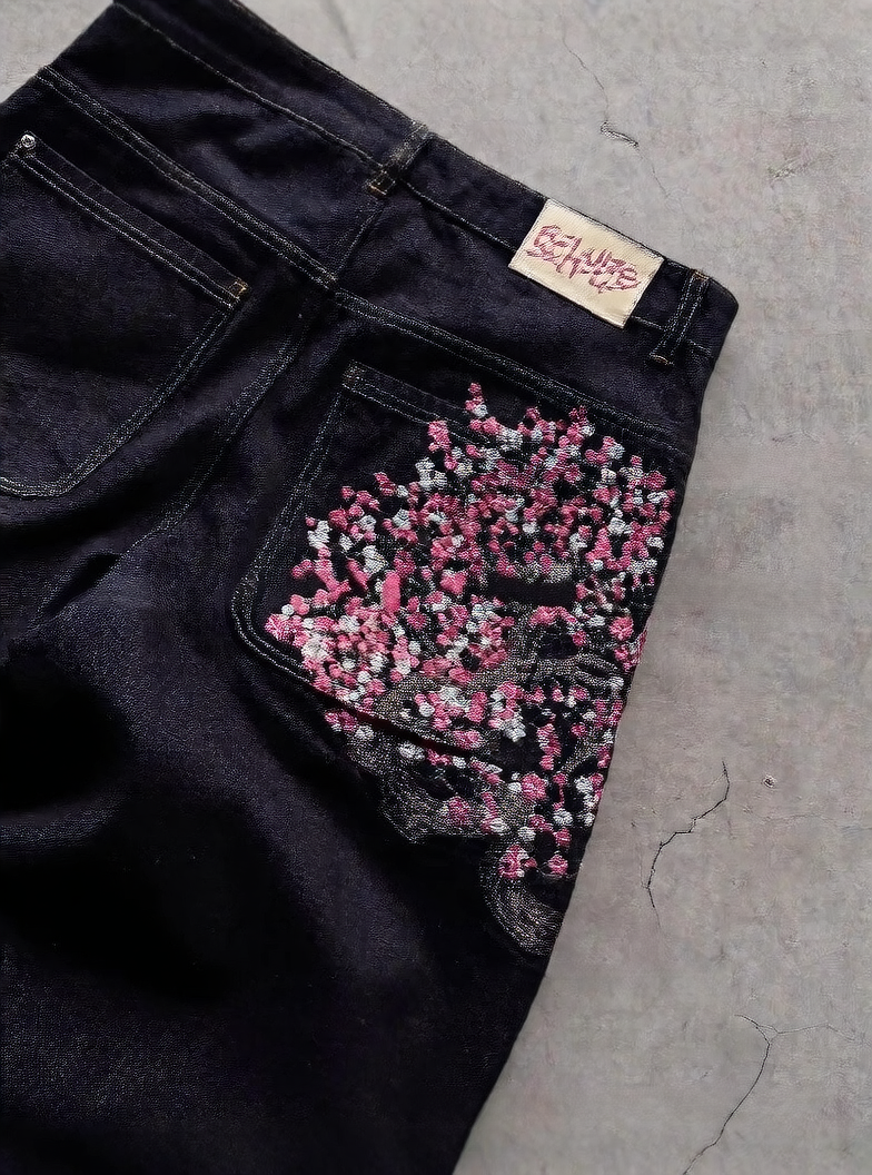 Y2K Cherry Blossom Knight Embroidered Jeans ? Street Retro Wide-Leg Denim Pants
