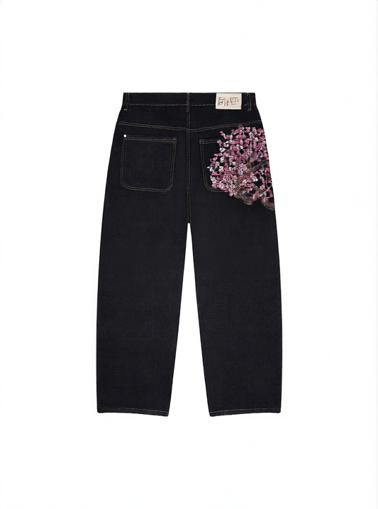 Y2K Cherry Blossom Knight Embroidered Jeans ? Street Retro Wide-Leg Denim Pants