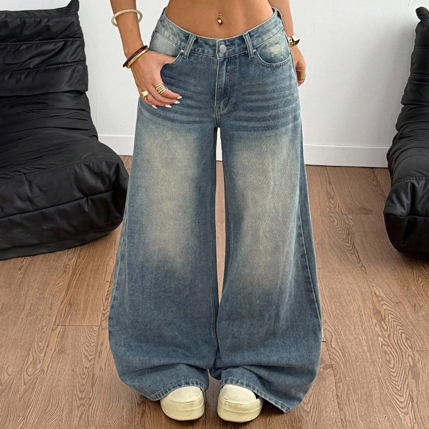 Achlibe Women's Spring Summer Denim Pants Retro Casual Wide Leg Trousers with Multi Pockets Baggy Jeans Blue M